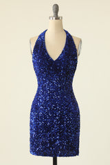 Royal Blue Homecoming Dress Sequined Halter Neck Cocktail Dress