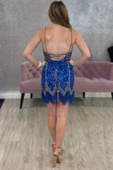 Royal Blue Homecoming Dress Sequined Prom Dress With Fringes