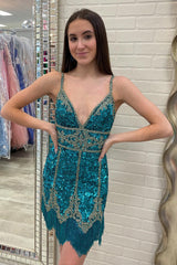 Royal Blue Homecoming Dress Sequined Prom Dress With Fringes
