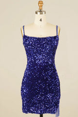 Royal Blue Homecoming Dress Sequined Tight Prom Dress with Fringes