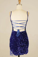 Royal Blue Homecoming Dress Sequined Tight Prom Dress with Fringes