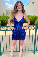 Royal Blue Homecoming Dress Sequined Tight Short Cocktail Dresses