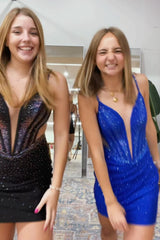 Royal Blue Homecoming Dress Spaghetti Straps Tight Short Prom Dress with Beadings