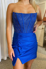 Royal Blue Homecoming Dress Strapless Beaded Tight Prom Dress