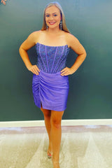 Royal Blue Homecoming Dress Strapless Beaded Tight Prom Dress