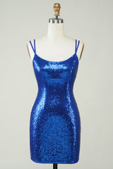 Royal Blue Homecoming Dress Tight Sequin Backless Prom Dress