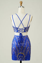 Royal Blue Homecoming Dress Two Piece Glitter Tight Prom Dress