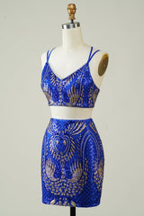 Royal Blue Homecoming Dress Two Piece Glitter Tight Prom Dress