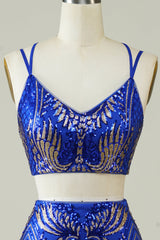 Royal Blue Homecoming Dress Two Piece Glitter Tight Prom Dress