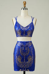Royal Blue Homecoming Dress Two Piece Glitter Tight Prom Dress