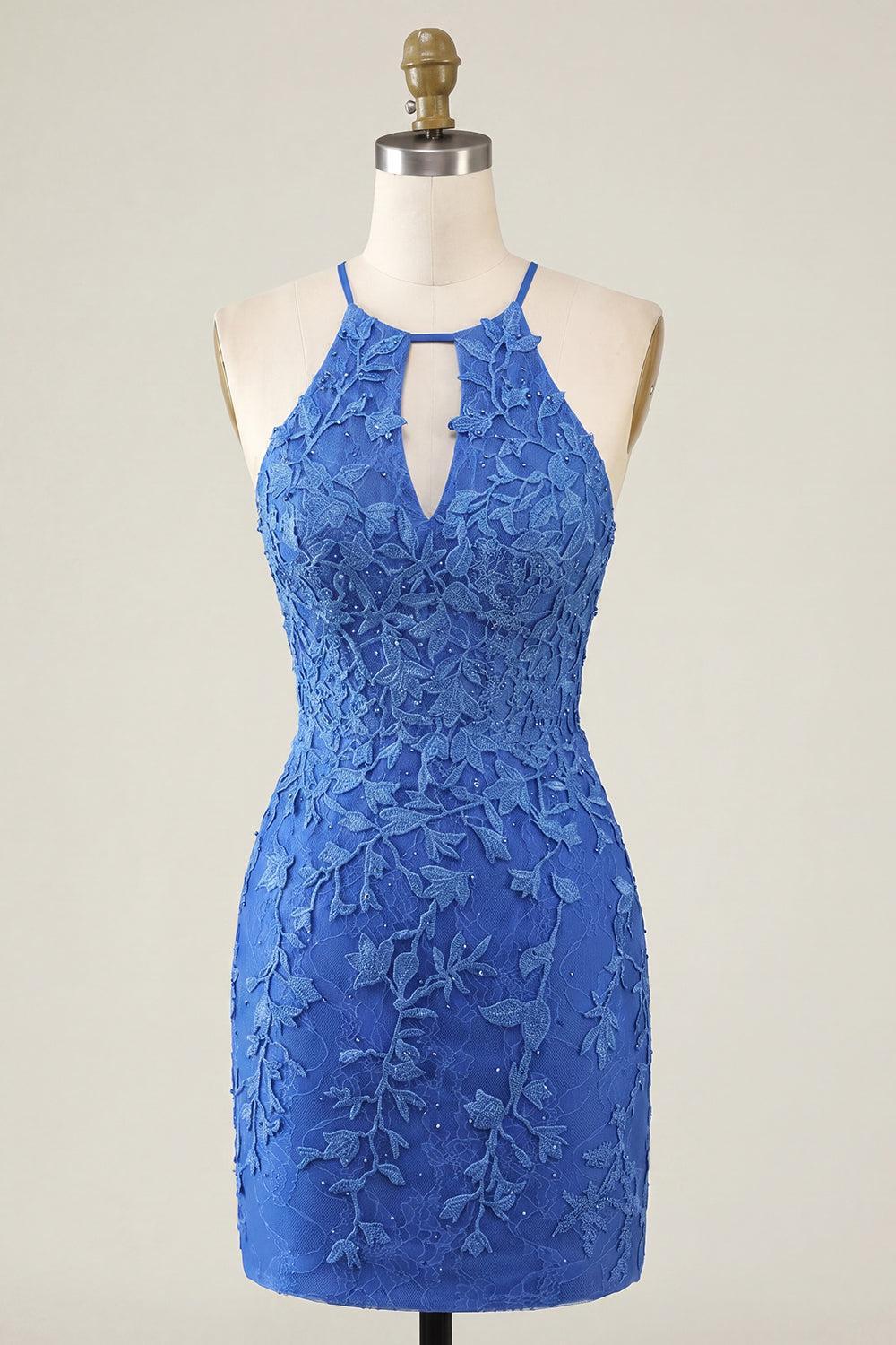Royal Blue Lace Appliqued Beaded Halter Short Tight Homecoming Dress