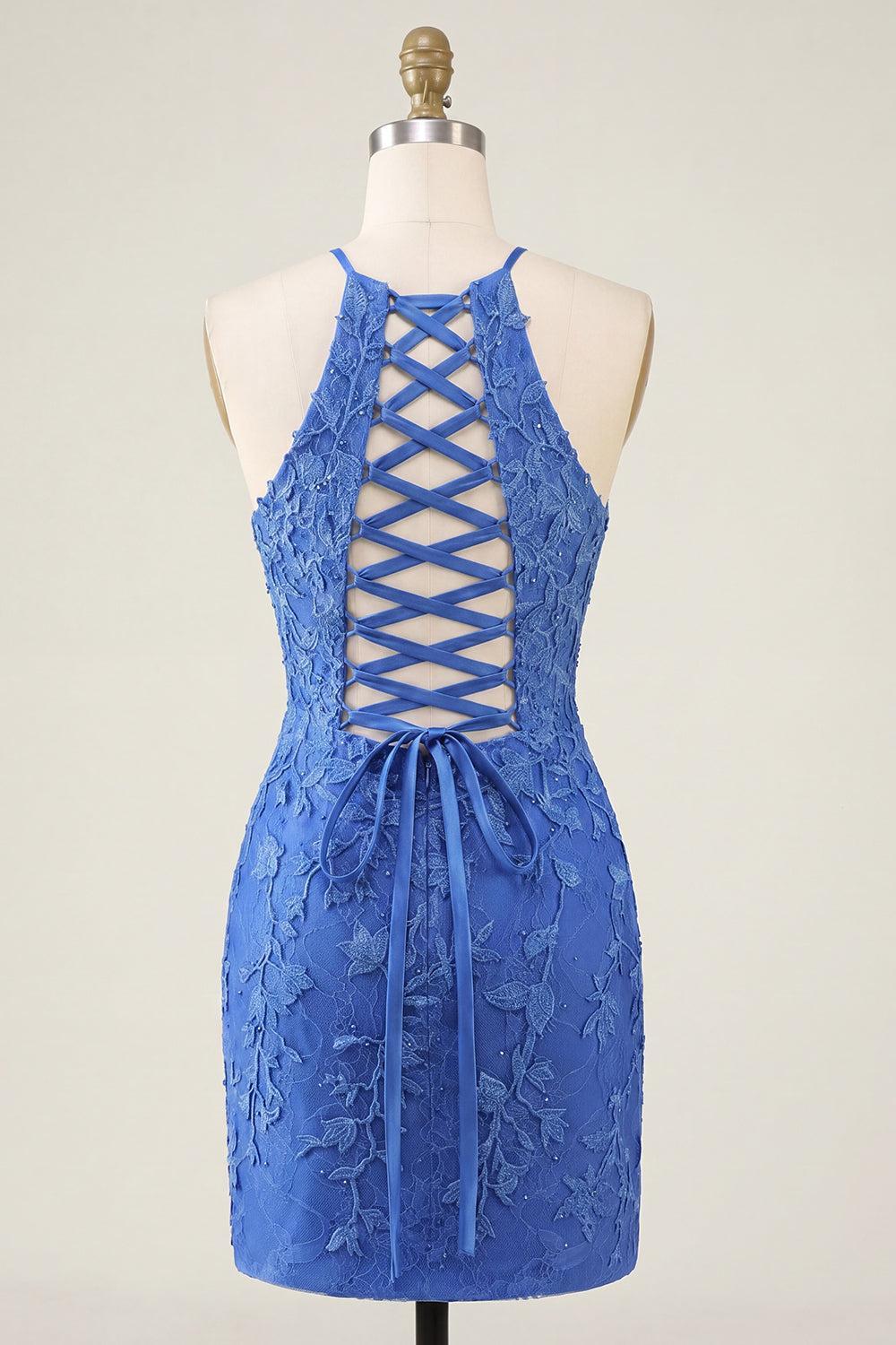 Royal Blue Lace Appliqued Beaded Halter Short Tight Homecoming Dress