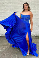 Royal Blue Prom Dress A-Line Beaded Pleated Long Formal Dress With Slit