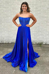 Royal Blue Prom Dress A-Line Beaded Pleated Long Formal Dress With Slit