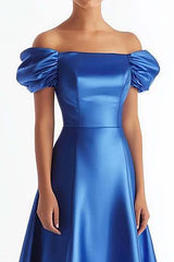 Royal Blue Prom Dress A Line Satin Long Formal Dress With Ruffles
