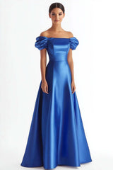 Royal Blue Prom Dress A Line Satin Long Formal Dress With Ruffles