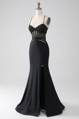 Royal Blue Prom Dress Corset Beaded Long Mermaid Evening Dress with Slit
