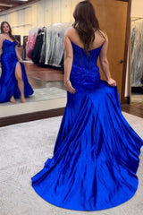 Royal Blue Prom Dress Mermaid Ruche Long Formal Dress With Slit