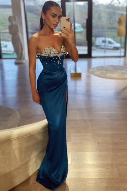 Royal Blue Prom Dress Mermaid Sweetheart Beaded Sleeveless Satin Slit Formal Dress With Rhinestone