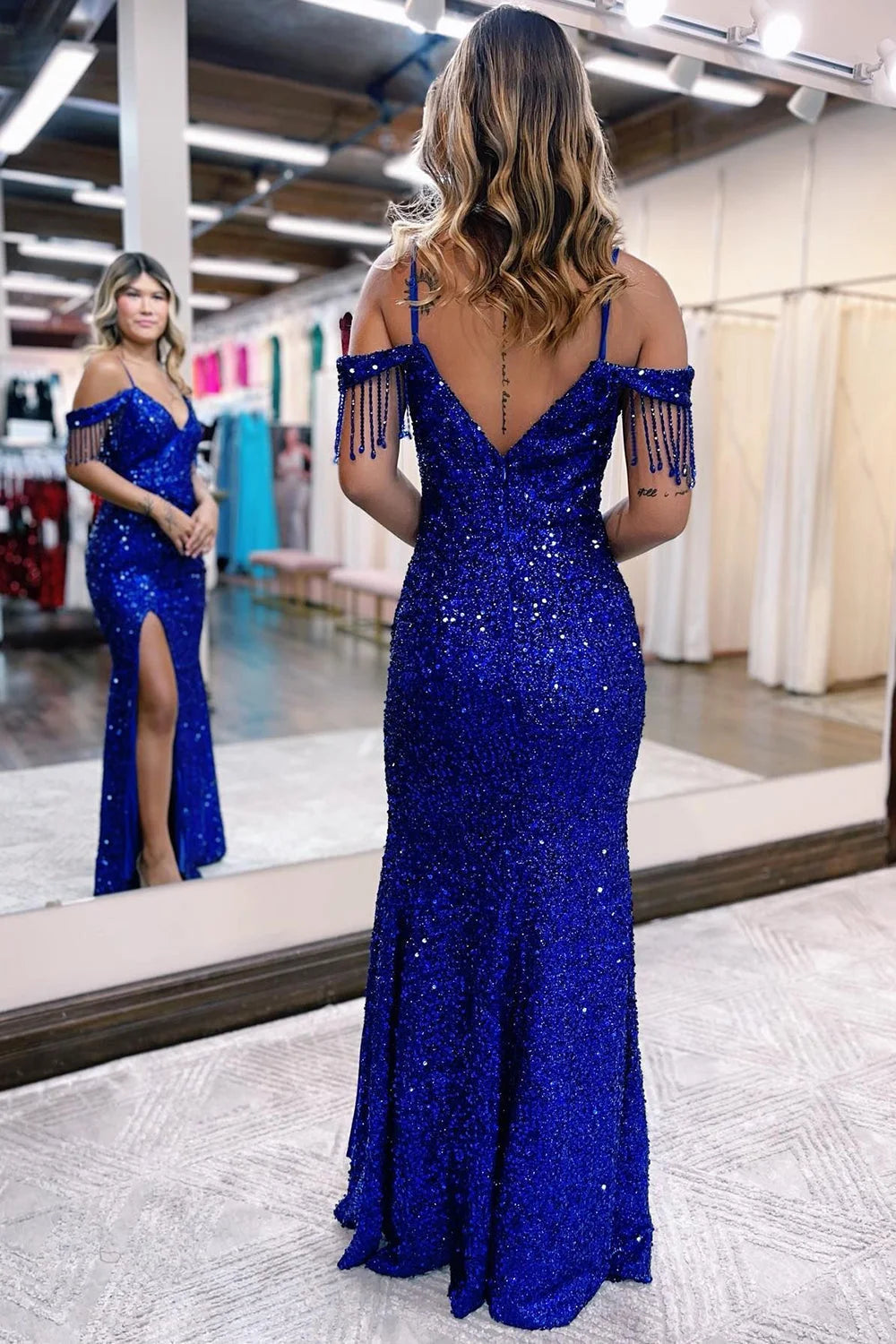 Royal Blue Prom Dress Off the Shoulder Sequined Sheath Evening Dress with Fringes