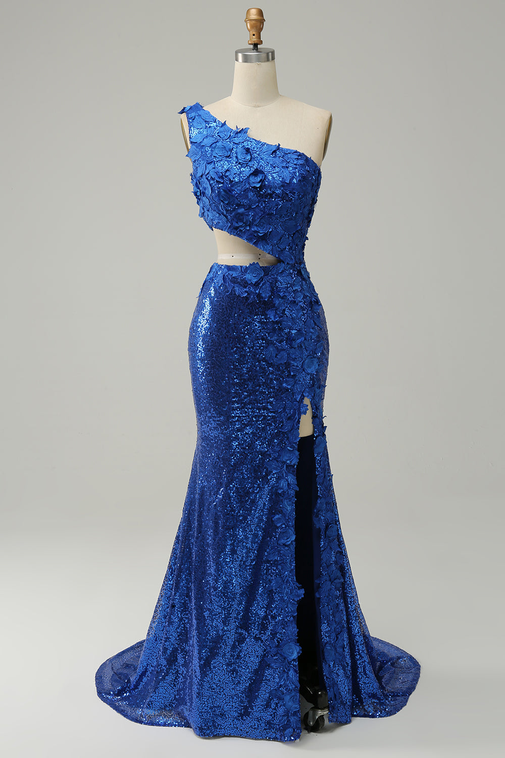Royal Blue Prom Dress One Shoulder Sequined Evening Dress with 3D Flowers