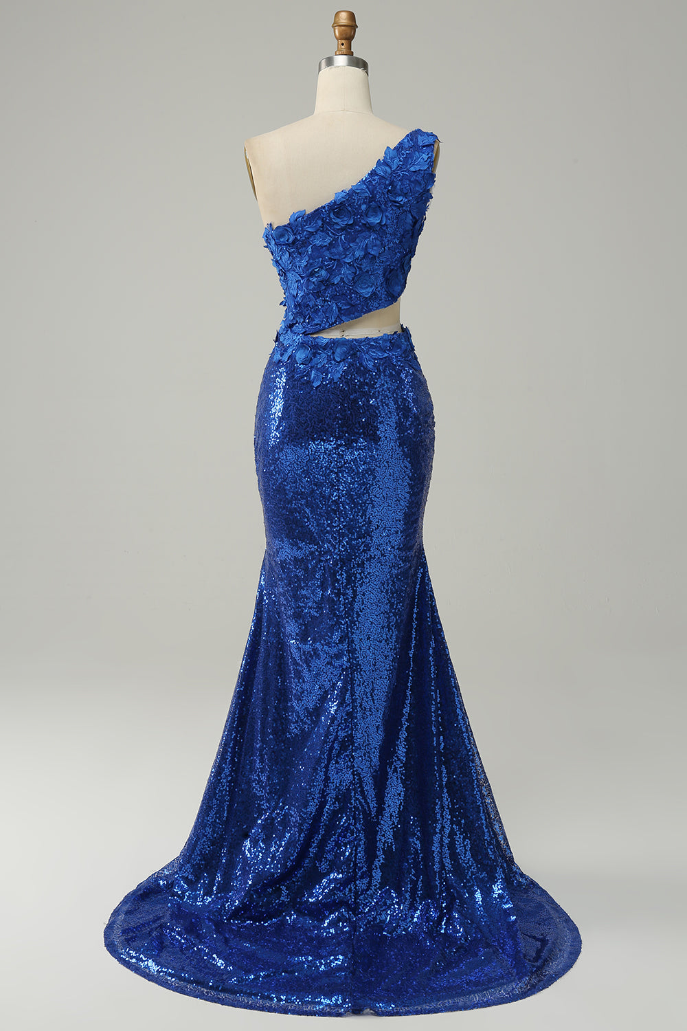 Royal Blue Prom Dress One Shoulder Sequined Evening Dress with 3D Flowers