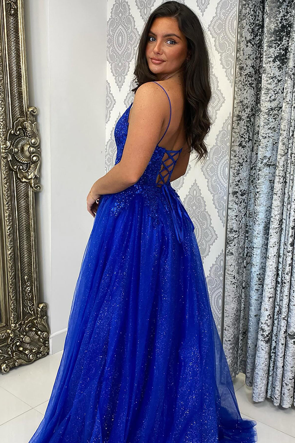 Royal Blue Prom Dress Sequined A-Line Spaghetti Straps Long Formal Dress With Slit
