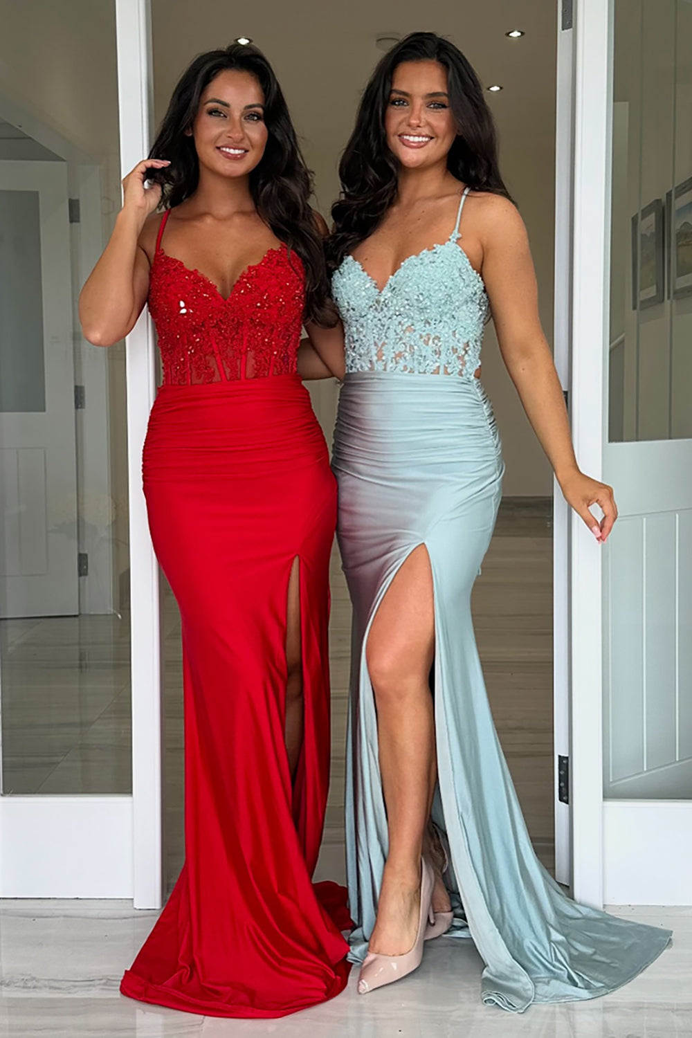 Royal Blue Prom Dress Sequined Mermaid Ruche Spaghetti Straps Long Formal Dress With Slit