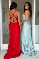 Royal Blue Prom Dress Sequined Mermaid Ruche Spaghetti Straps Long Formal Dress With Slit