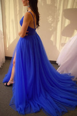 Royal Blue Prom Dress Spaghetti Straps Tulle Formal Dress With Slit