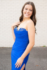 Royal Blue Prom Dress Wrap Ruched Lace Mermaid Long Formal Dress With Slit