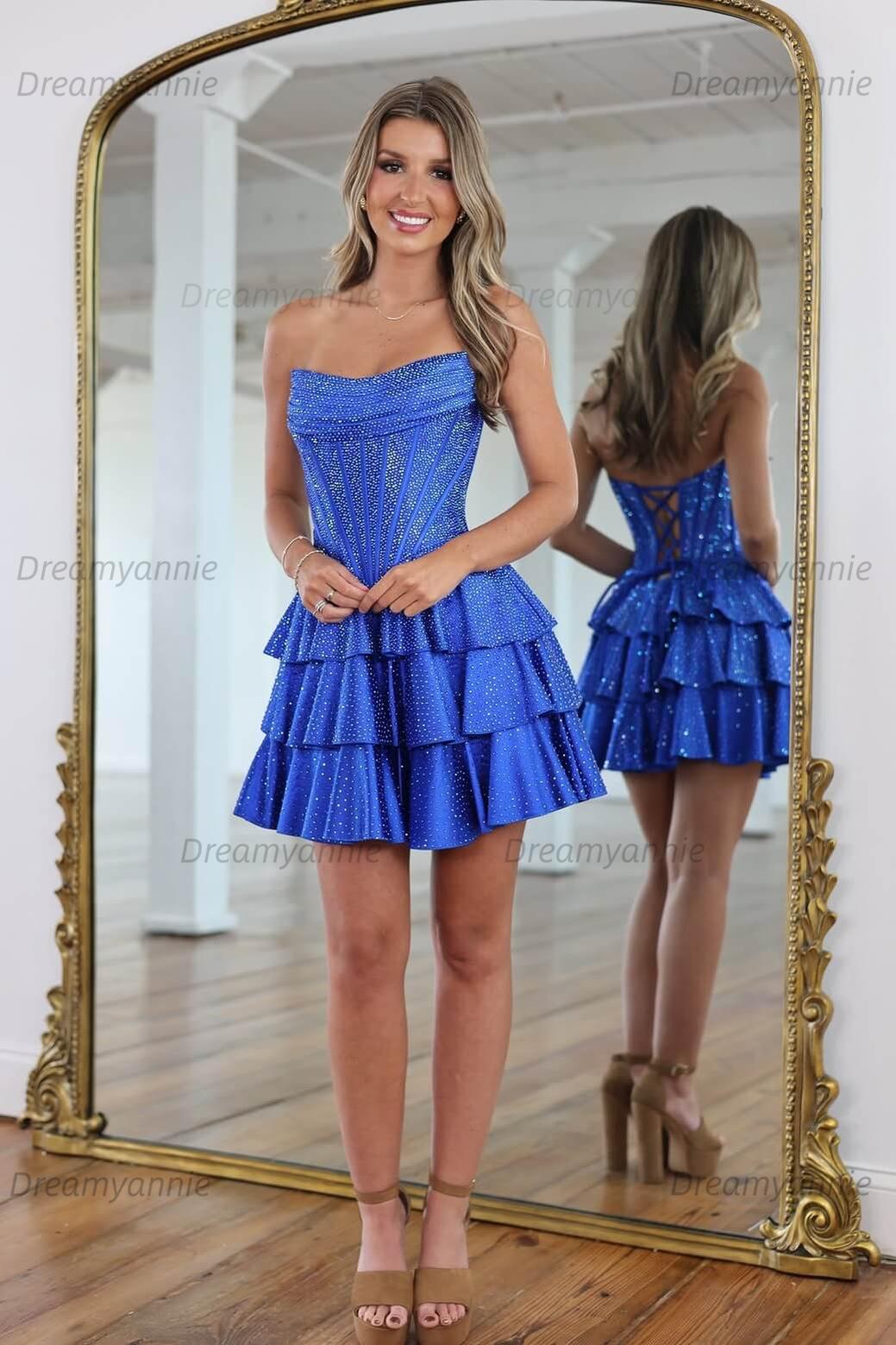 Royal Blue Rhinestone Strapless Corset Tiered Homecoming Dress