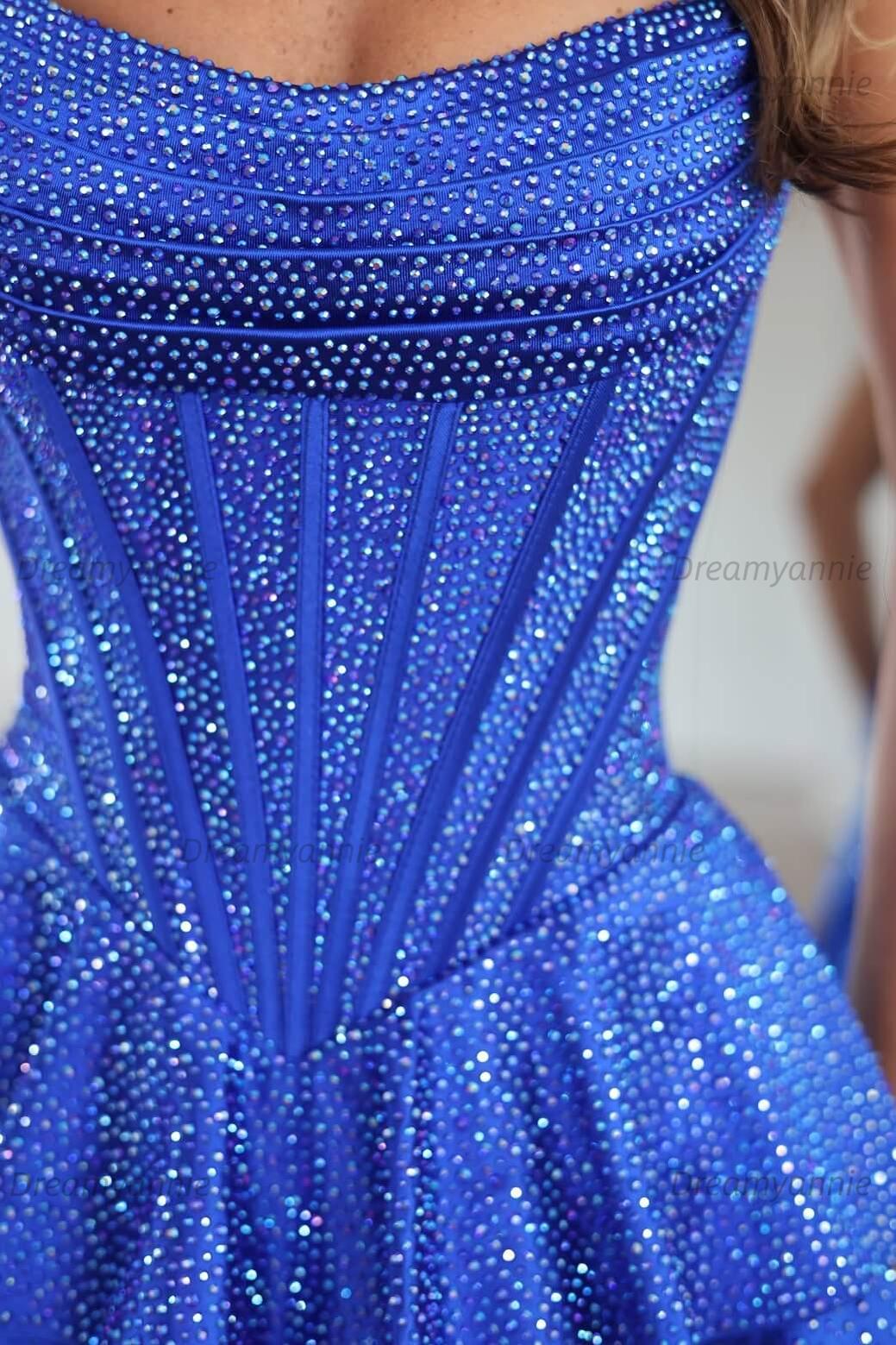 Royal Blue Rhinestone Strapless Corset Tiered Homecoming Dress