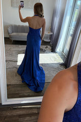 Royal Blue Satin Prom Dress Mermaid Halter Corset Long Formal Dress With Slit