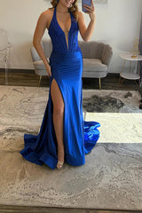 Royal Blue Satin Prom Dress Mermaid Halter Corset Long Formal Dress With Slit
