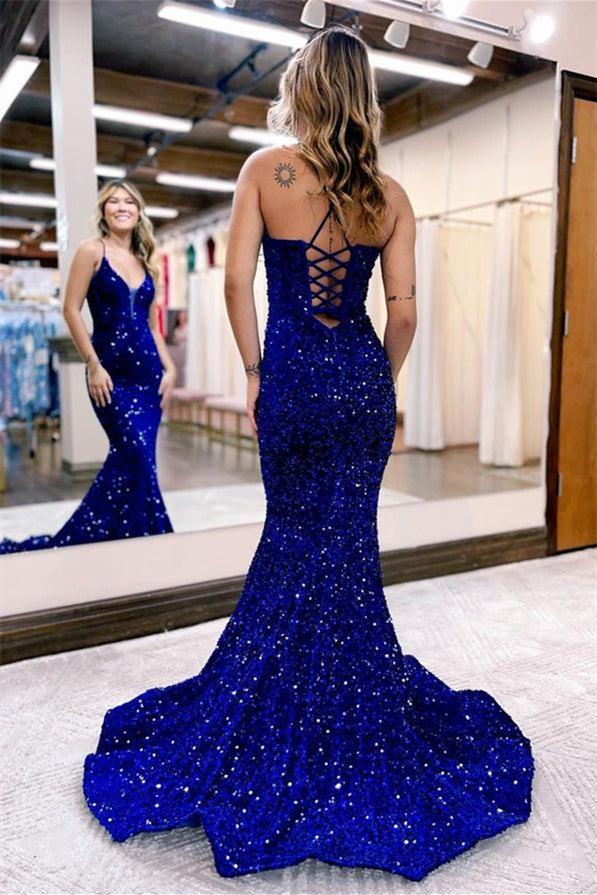 Royal Blue Sequined Velvet Formal Dress Spaghetti Strap Long Mermaid Evening Dress