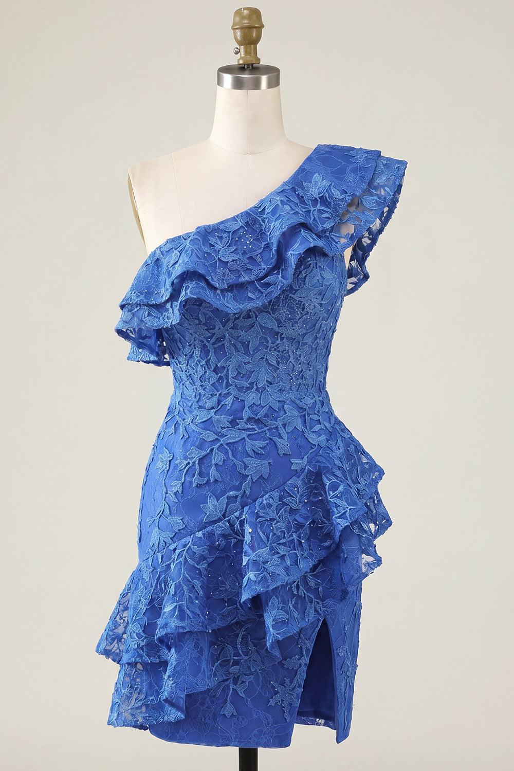 Royal Blue Short Lace Beaded Ruffled One Shoulder Tight Homecoming Dress