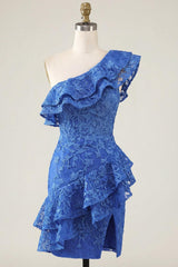 Royal Blue Short Lace Beaded Ruffled One Shoulder Tight Homecoming Dress