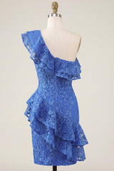 Royal Blue Short Lace Beaded Ruffled One Shoulder Tight Homecoming Dress