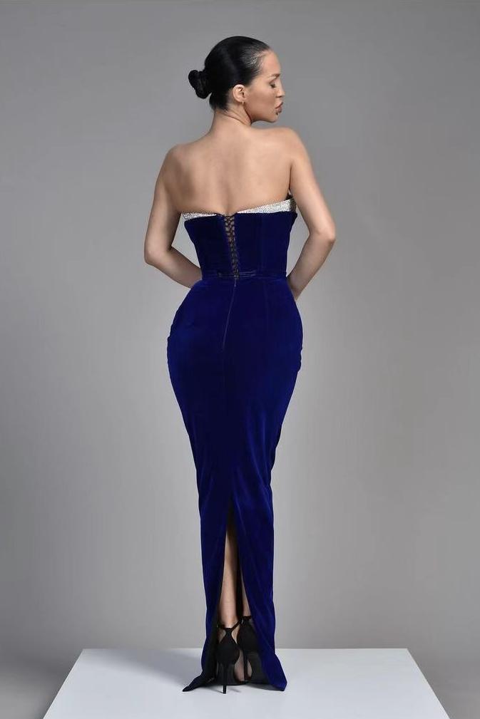 Royal Blue Velvet Formal Dress Sleeveless V Neck Evening Dress