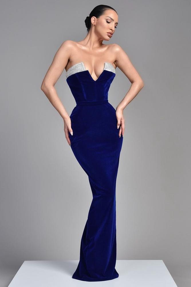 Royal Blue Velvet Formal Dress Sleeveless V Neck Evening Dress