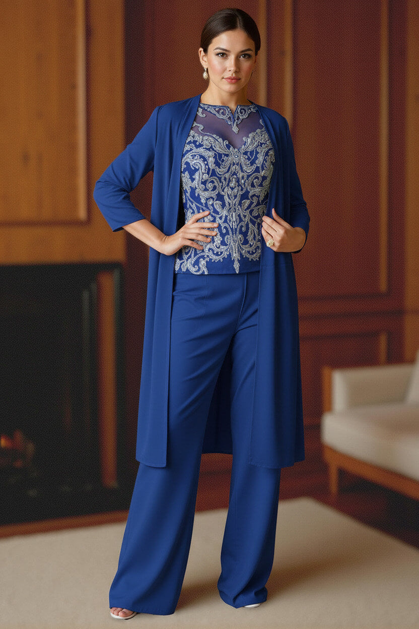 Dreamyannie Light Blue Bateau Neck Chiffon 3 Piece Mother Of The Bride Pant Suits With Jacket