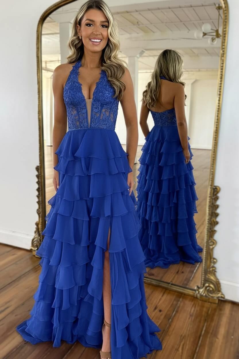 Dreamyannie Sky Blue Prom Dress Ruffled Halter Corset Formal Dress With Slit