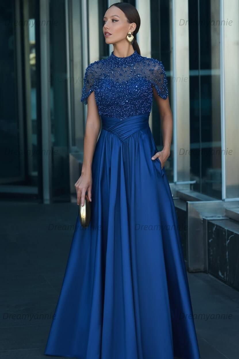 Green A Line Prom Dress Short Sleeve High Neck Beaded Formal Dress