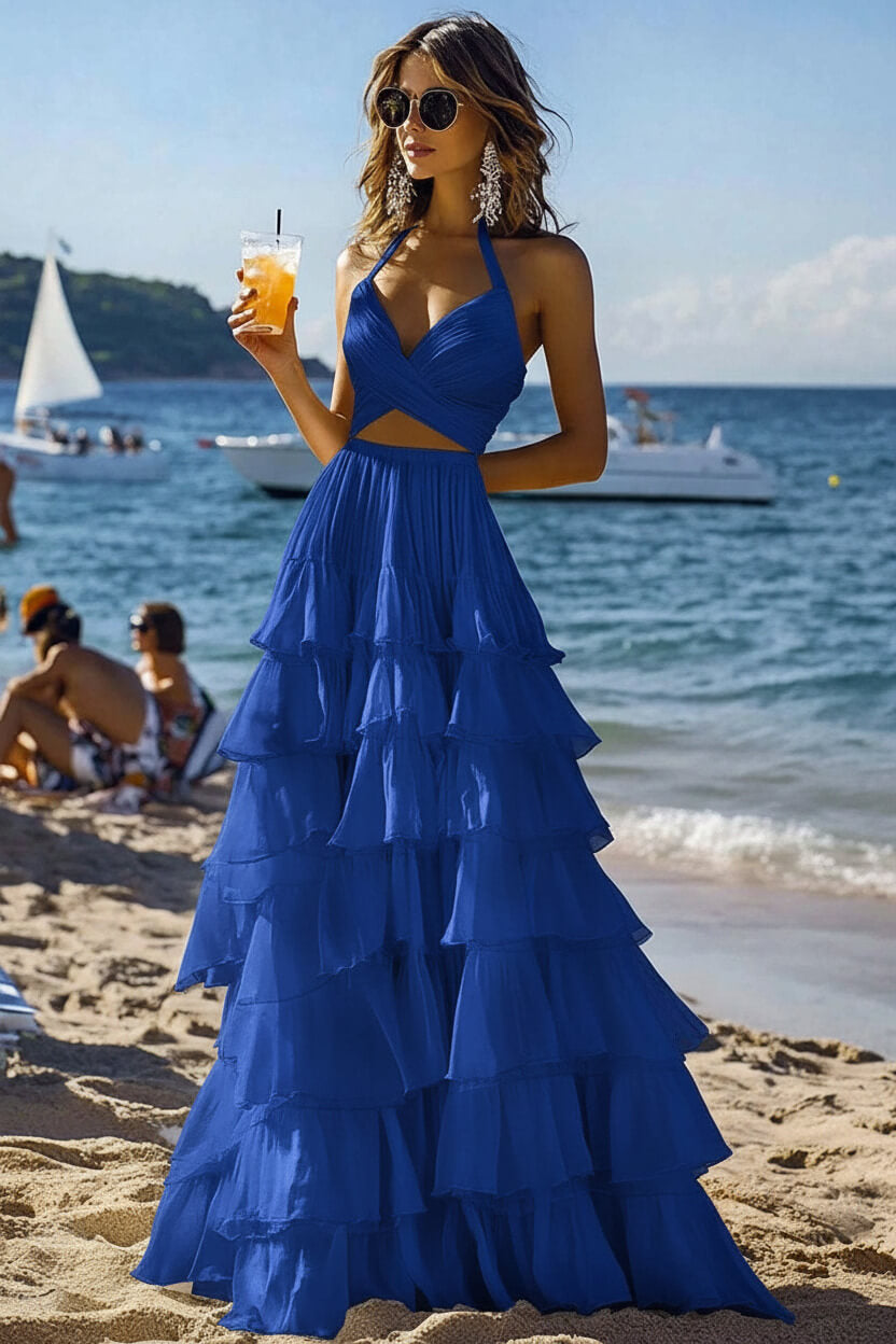 Dreamyannie Halter Tiered White 2 Piece Ruffled Formal Dress