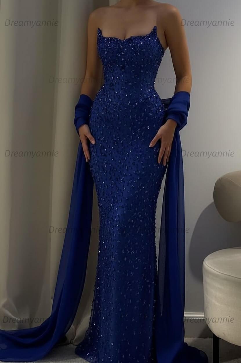 Pink Mermaid Prom Dress Strapless Beaded Formal Dress