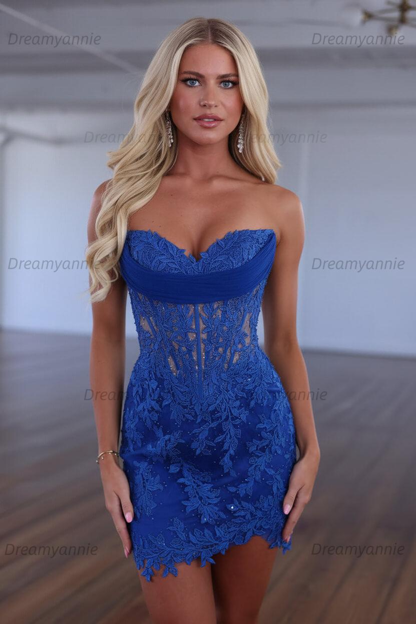 Red Lace Applique Strapless Corset Bodycon Homecoming Dress