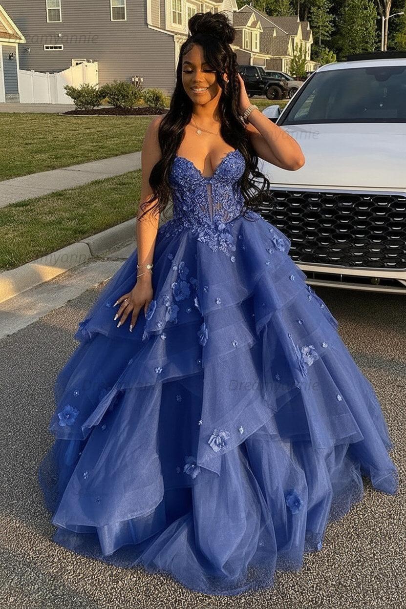 Dreamyannie Sage Prom Dress Floral Tiered Ruffles A-Line Sweetheart Corset Long Formal Dress