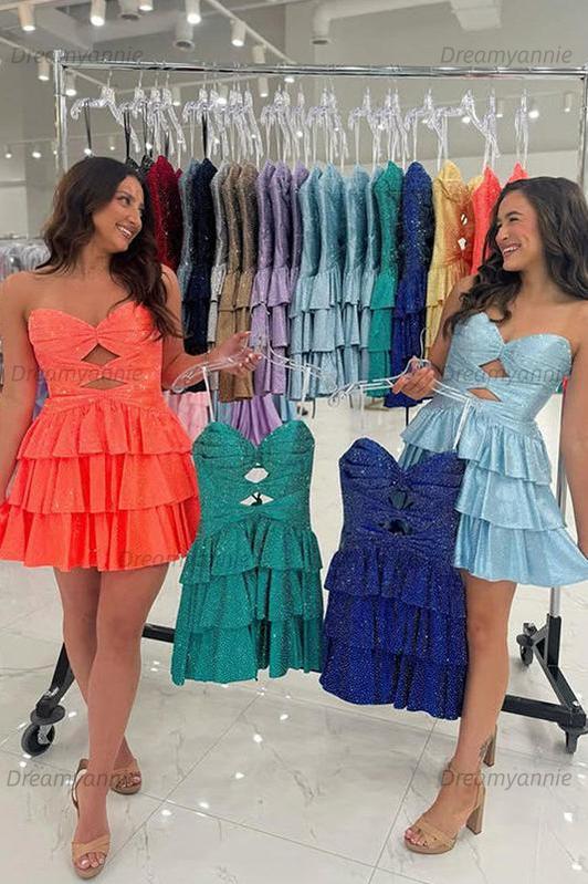 Orange A Line Strapless Sweetheart Satin Homecoming Dress with Keyhole
