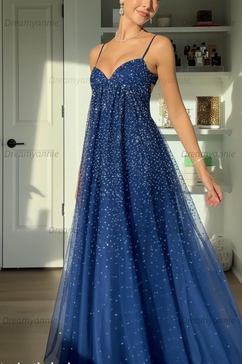 Bling A Line Spaghetti Straps Grey Blue Long Party Dress With Beading Formal Evening Gown